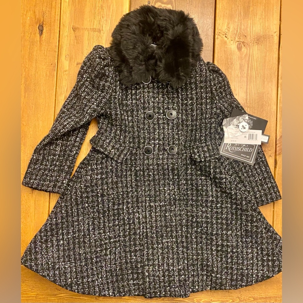 Rothschild Black and White Tweed Coat with Plush Collar